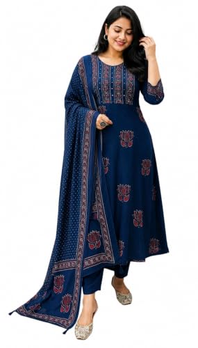 Image of Women's Cotton Kurta Sets for Women with Palazzo Pants with Dupatta for Woman | Pure Cotton 3 Piece Kurti Set | Women Suit Set for Daily