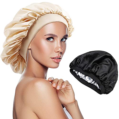 QMSILR Satin Bonnet Sleep Cap Double Layers Silk Bonnet for Women Hair Care Elastic Wide Band Night Hat Head Cover for Natural Long Hair Curly Hair 2 Pack (Black, Beige)