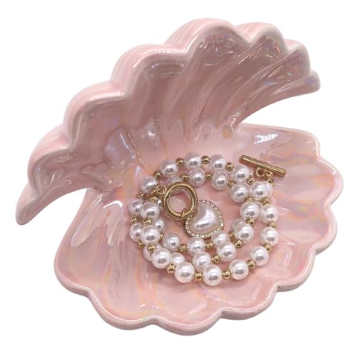 BOHK Shell Trinket Dish Ceramic Conch Ring Holder Jewelry Tray Decorative Jewelry Plate Cute Jewelry Organizer for Home Decor (Shell Pink)