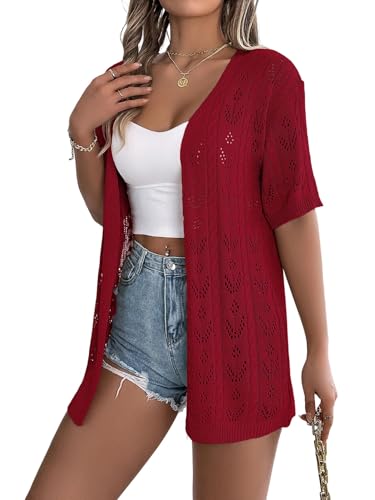 Image of Spicy Sandia Women's Loose Fit Short Sleeve Crochet Cardigan Sweaters for Summer