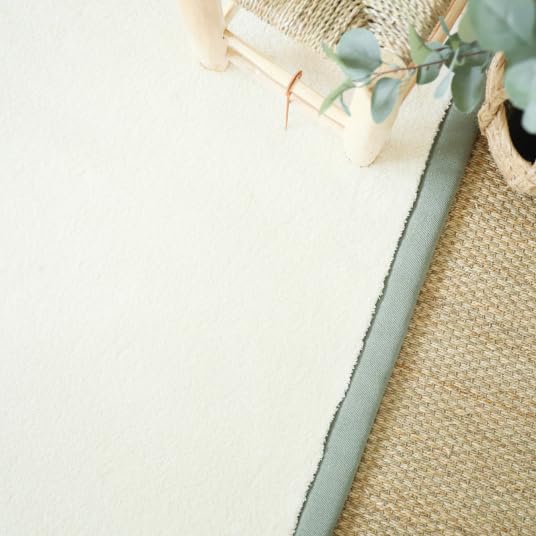 Decoweb Tapis Doux Poils Longs - Touch Blanc crème - Ganse Lin Vert Sauge - 160 x 230 cm