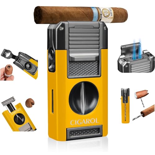 CIGAROL Feuerzeug 5 in 1 Sturmfeuerzeug 2 Jet Flamme Zigarrenfeuerzeug mit Zigarrenschneider V - Enthält kein Gas Tolle Geschenke für Männer (Gelb)