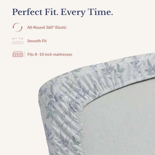 Image of Jaipur Weaves Queen Size Fitted Bedsheet Cotton with Elastic, 100% Pure Cotton Double Bed Fitted Sheet with 2 Pillow Covers, 240 TC, 60x78 Inches up to 8-inch Mattress, Floral Design - (Green Floral)
