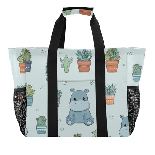 Hippopotamus and Green Plant Patterns Beach Tote Pool Bags for Women Ladies Large Waterproof Gym Tote Carry On Bag for Weekender Swim Gym Shopping Travel Daily Bag