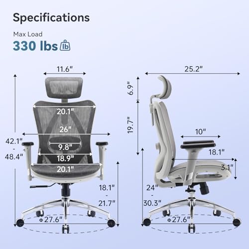 Image of SIHOO M57 Ergonomic Mesh Office Chair, High Back Home Desk Chair with 3D Armrests, Lumbar Support and Adjustable Headrest, Comfortable Computer Chair, Hold 330 LBS-2 Packs-Light Grey