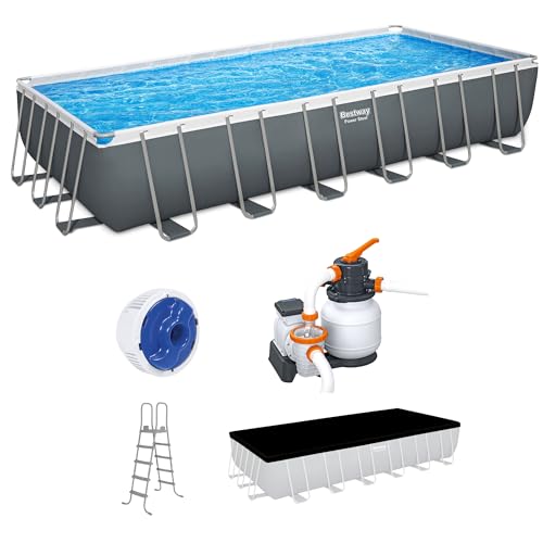 Bestway Power Steel 24' x 12' x 52' Rectangular Metal Frame Above Ground Swimming Pool Set with 1500 GPH Sand Filter Pump, Ladder, and Pool Cover