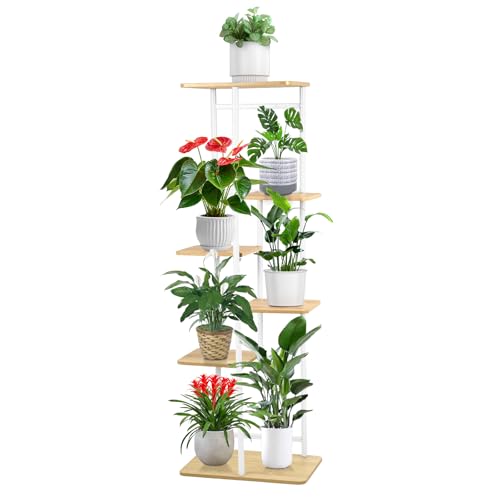 Jradse 6 Niveaux Support pour Plantes, Multiple Étagère Metal Présentoire de Jardin Étagère D'angle en Bois Interieur Support Pot de Fleur Décoratif...