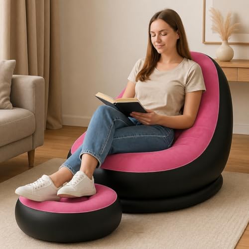 Image of Inflatable Lounge Chair for Adults with Ottoman, Foldable Air Sofa Couch, Portable Blow Up Chair for Living Room Bedroom, Comfortable Indoor Seating, 150 kg Capacity (Red)