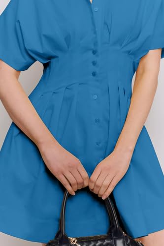Image of Burtell Summer Button Down Pleated Shirt Dress for Women Striped Print V Neck Short Sleeve Mini Dress Casual Corset Dresses