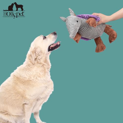 Image of Hollypet Plush Dog Squeaky Toy Stuffed Armadillo Animal Pet Puppy Chew Toys with Clean Teeth for Small Medium Large All Breed Sizes Dogs, Purple, 14 in