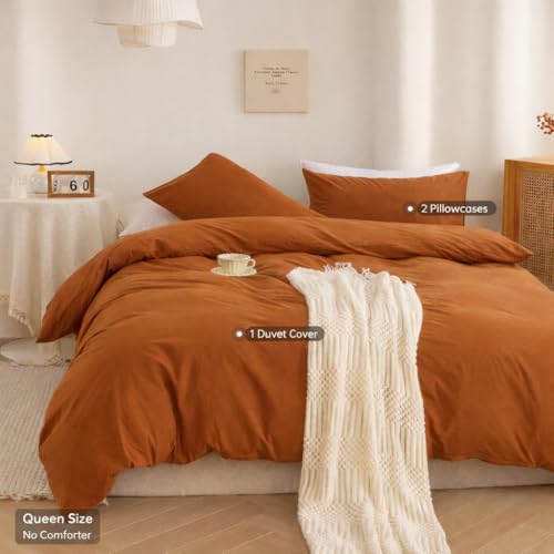 Image of ECOCOTT Orange Duvet Cover Queen Size, 3 Piece 100% Washed Cotton 1 Duvet Cover with Zipper and 2 Pillowcases, Ultra Soft and Easy Care Breathable Cozy Bedding Set(Orange,Queen)