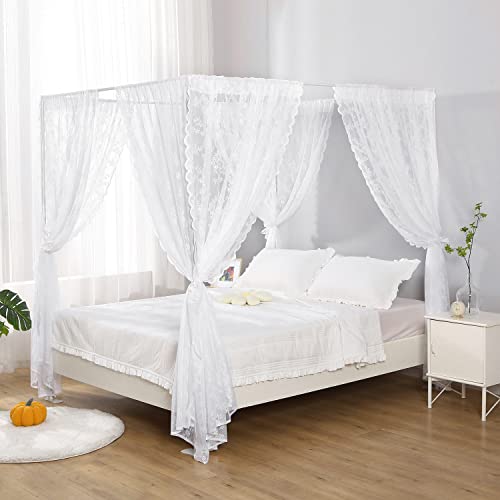 WANFASO Lace Canopy Bed Curtain Queen Soft Romantic Bed Canopy Scarf for Girls Adults (Queen White)