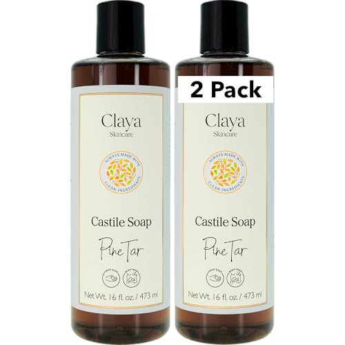Image of Claya Pine Tar Liquid Castile Soap - Organic Ingredients, Biodegradable, Gentle for Sensitive Skin and Versatile Use (2 Pack of 16 fl oz (Disc Cap))