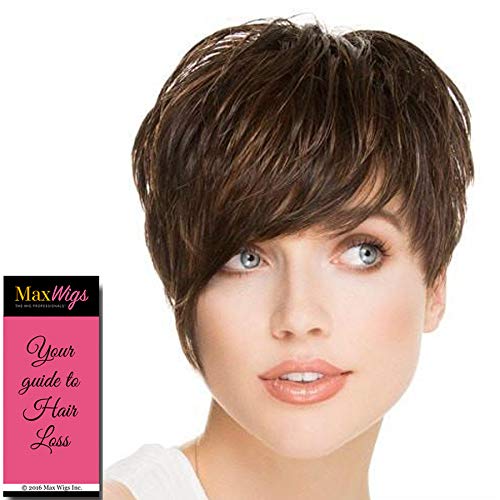 Point Wig Color Hot Aubergine Mix - Ellen Wille Wigs 4.5" Short Asymmetrical Cut Cropped Synthetic Monofilament Crowne Average Cap Sharp Bangs Natural Hairline Peluca Bundle MaxWigs Hairloss Booklet