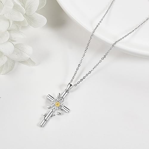 Flower Cross Necklace 925 Sterling Silver Carnation/Rose/Lily/Daisy Cross Necklace Birth Flower Jewelry for Women3