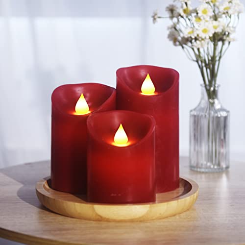 Image of YIWER Flameless Candles Set of 3, Φ3.15 xH 4 inch /5 inch /6 inch Real Wax Not Plastic Pillars Include Realistic Dancing LED Flames and 10-Key Remote Control with 2 /4 /6 /8-hours Timer Function,300+ Hours (3x1, Red)