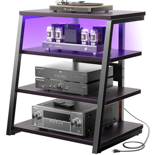 iSunirm HiFi Stand AV Media Stand with Outlets 4-Tier Media Console with LED Lights Record Player Stand With Storage Shelves Stereo Racks and Stands Media Audio Tower Cabinet Black