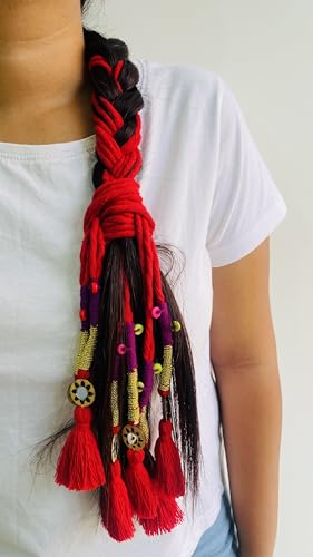 Image of Zippy Flora Neelima Parandi (Red) | Traditional Boho Handmade Paranda Hair Accessory with Braid Tassels | Women's Ethnic Hair Extension for Choti, Braids & Patiala Shahi Hairstyles