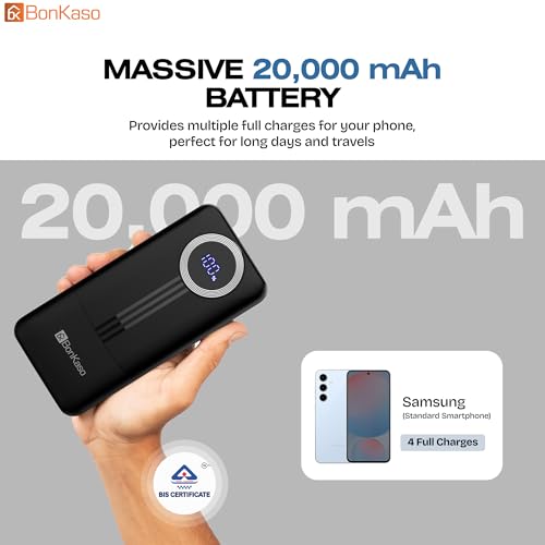 Image of BonKaso 20000mAh Power Bank 22.5W PD Fast Charging with Built-in Type-C Cable, USB-A & Type-C Output, Digital LED Display, Portable Slim Powerbank for iPhone, Android, Tablets - Black