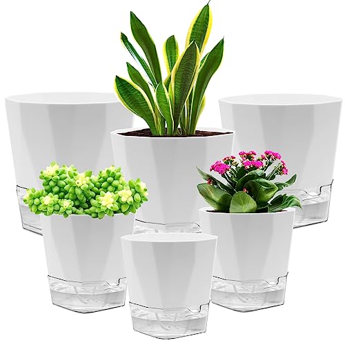 TekkPerry 6 Pack Self Watering Plant Pot, 6.6/5 Inch Plastic Self Watering Pots for Indoor Outdoor Plants African Violet Pots Easy Plant Self Watering Pot with Wick Rope for Plants Flowers