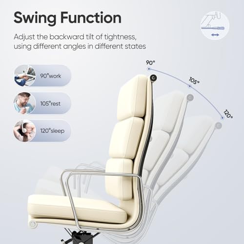 Image of High-Back Executive Genuine Leather Office Chair, with Aluminum Arms and 5-Star Base, Modern Rolling Desk Chair with Silent Wheels, Lumbar Support, High-Adjustable, Tilting for Home & Office