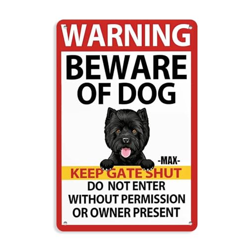 Señal de advertencia con texto en inglés "BEWARE OF DOG KEEP GATE SHUT DO NOT ENTER WITH OUT PERMISSION OR OWNER PRESENT West Highland White Terrier Black Funny Dog Sign Personalizado Nombre de perro