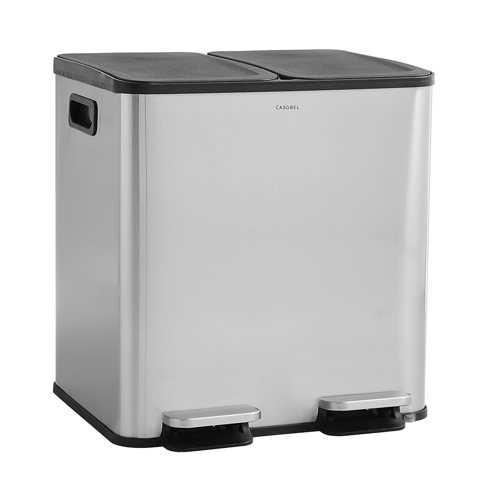 CASABEL Poubelle Cuisine Double 2x15L en Acier Inoxydable, Chrome | Double compartiment, Tri sélectif, 2 pédales, Anti-traces de doigts, Couvercles hermétiques, Bacs amovibles, Entretien facile