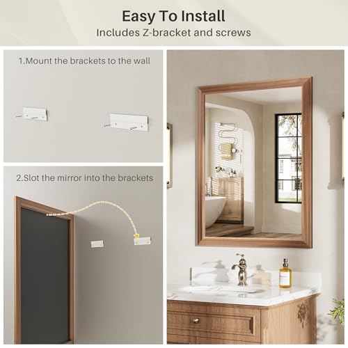 Image of 24x32 Inch Bathroom Mirror for Wall, Anti-Rust Walnut Wood Grain Metal Framed Bathroom Mirrors for Over Sink,Rectangler Mirrors for Bathroom Vanity, Farmhouse, Bedroom, Living Room, Entryway Decor