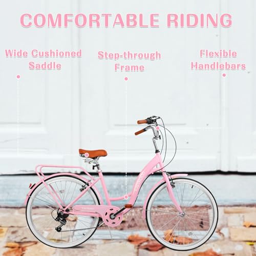 Bicicleta playera para mujeres de 26 pulgadas, 7 velocidades, frenos V, neumáticos antideslizantes y portaequipaje, asiento ajustable, marco ligero, conducción cómoda y suave, color rosa miniatura 5