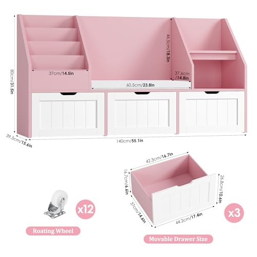 FOTOSOK 55.1’’ Kids Bookshelf with Reading Nook, Toy Storage Organizer with Seat Cushion and 3 Movable Drawers, Kids Reading Nook Toy Organizers and Storage with Bench for Playroom, Bedroom, Pink
