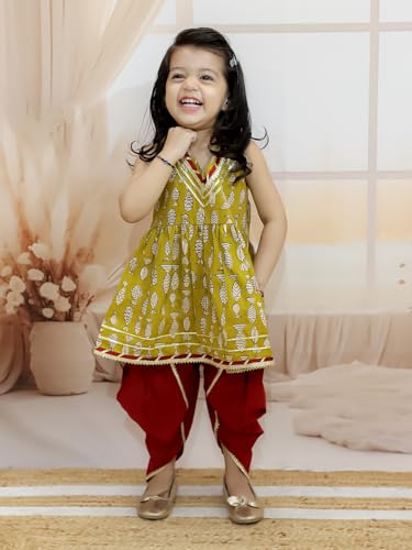Image of BownBee Halter Neck Pure Cotton Fish Print Kurti with Harem for Girls- (Set of 1) Solid /Printed colorful full length fully stitched regular fit Ethnic wear dress for Kids