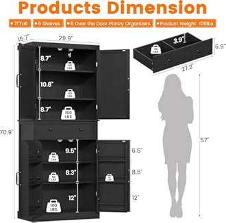 72" Tall Kitchen Pantry Cabinet, Black Pantry Storage Cabinet with Adjustable Shelves, Barn Doors and Drawer, Farmhouse Cupboard for Kitchen, Dining Room, Bathroom (16" D x 30" W x 72" H)