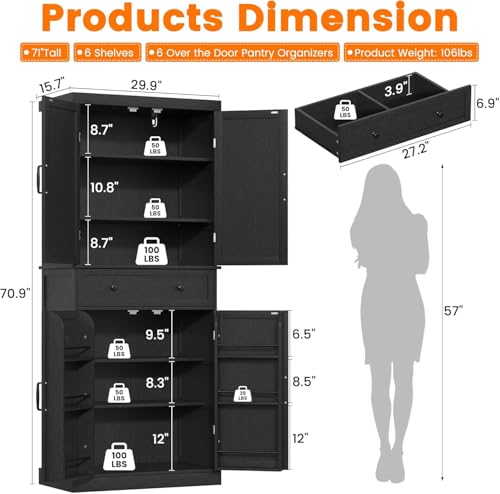 72" Tall Kitchen Pantry Cabinet, Black Pantry Storage Cabinet with Adjustable Shelves, Barn Doors and Drawer, Farmhouse Cupboard for Kitchen, Dining Room, Bathroom (16" D x 30" W x 72" H)
