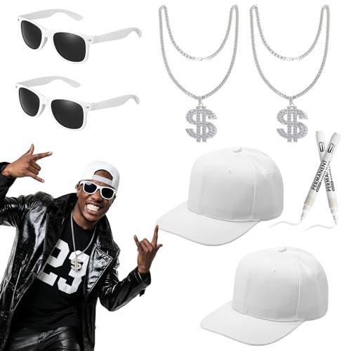 JATEBI 80s 90s Hip Hop Costume Kit Rapper Accessories Outfits with Caps Glasses Necklaces Pens for Cosplay Club Old School Themed Party Supplies
