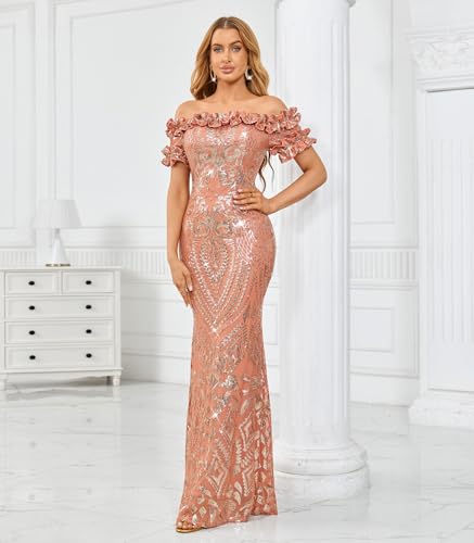 Image of dasmzper Women Sexy Sequin Off Shoulder Ruffle Short Sleeve Bodycon Mermaid Party Formal Evening Maxi Dress