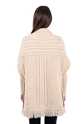 SAOL 100% Merino Wool Shawl/Poncho Sweater/Open Cardigan/Wool Cape with Pockets with Fringe Trim and Trinity Knot Button2