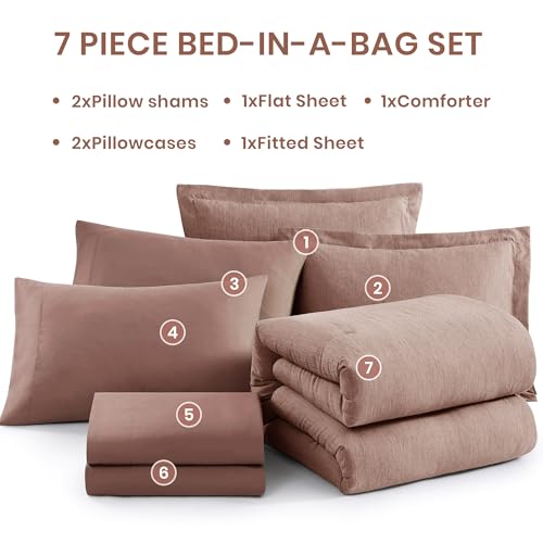 Monbix Queen Comforter Set - 7 Pieces Dusty Pink Cationic Dyeing Bed in a Bag Queen Bedding Sets with Sheets, Pillowcases & Shams, Reversible Bedding Comforters