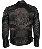 Men’s Vintage Motorcycle Distressed Brown Leather, Skull Embossed, Quilted Skeleton Design Jacket (Leather M)