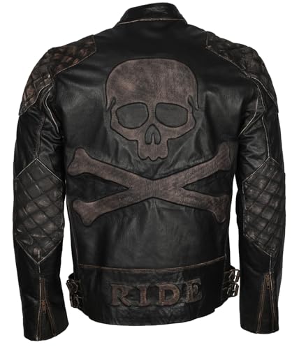 Hide & Seek Men’s Skull Embossed Diamond Quilted Skeleton Biker Distressed Vintage Motorcycle Leather Jacket