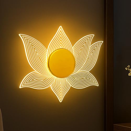 Image of Lampmaster Lotus Glow LED Wall Light | 3-in-1 Color Changing Decorative Lamp | Gold Finish Acrylic Lotus Design | Modern Floral Wall Sconce for Bedroom, Living Room & Meditation Decor