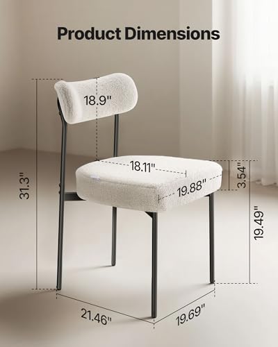 Image of VEVOR Boucle Dining Chairs Set of 2, Mid Century Modern Sherpa Accent Chairs, Upholstered Side Chair for Dining Room, Space-Saving White Kitchen Chair with Curved Backrest and Black Metal Legs