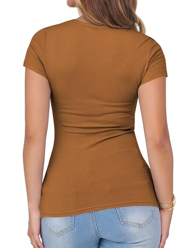 Image of Albe Rita Women Short Sleeve T-Shirt Cap V Neck Shirts for Women Ribbed Casual Top Knit Slim Fit for Summer