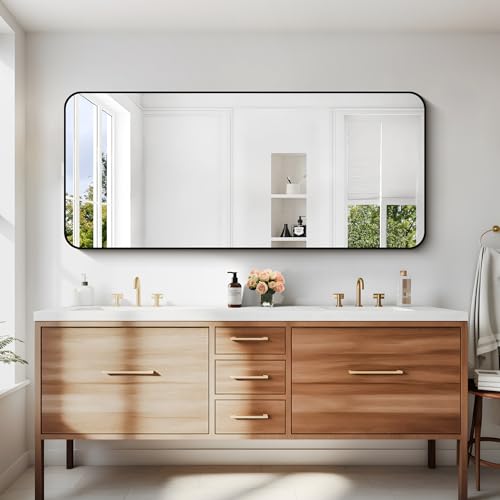 Image of DESBING 24 inch x 55 inchBathroom Mirror, Matte Black Wall Mirror with Metal Frame, Decorative Rectangular Vanity Mirror for Bedroom Bathroom Living Room Entryway (Horizontal /Vertical)