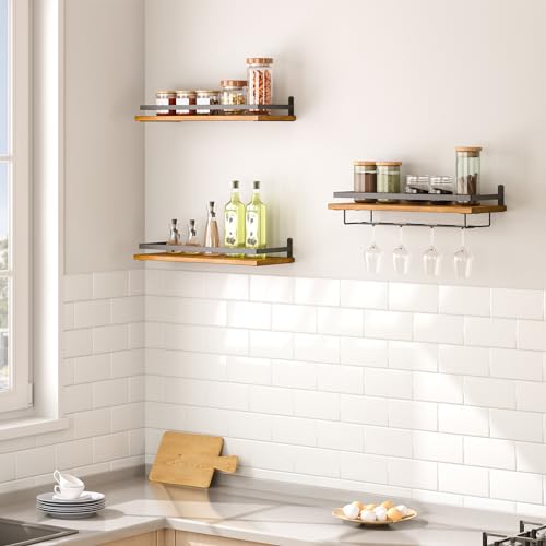 Image of HOOBRO Wall Mounted Wine Rack 3 Pack, Wine Rack with Glass Bottle Holder, Hanging Wine Shelves with Stemware Hanger, Wine Display Storage Rack for Home Bar, Kitchen, Dining Room, Rustic Brown BF34BJ01