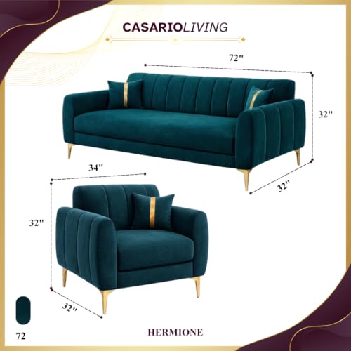 Image of Hermione Luxe Velvet-Suede Fabric 3 Seater + 1 Seater + 1 Seater Sofa Set | Golden Legs | Comfortable & Spacious Seating | Modern Sofa Set for Living Room - Green Teal