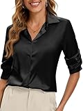 Syewan Women's Satin Silk Long Sleeve Button Down Shirt Formal Work Blouse Top Womens Black Dressy Tops Satin Button Down Shirt Silk Long Sleeve V-Neck Oversized Formal Work Spring Blouse Black M