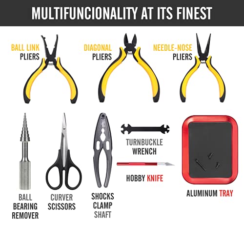 Image of RC Car Tool Kit (27pcs), Screwdriver Set (Flat, Phillips, Hex), Pliers, Cross Wrench, Body Reamer, Stand, Polished Bar Hobby Repair Tools for Traxxas Car Quadcopter Drone Helicopter Airplane