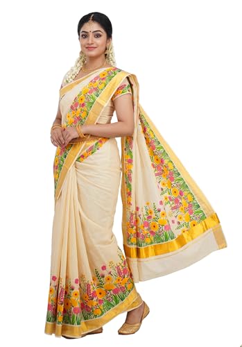 Image of Women's Mural Printed Kerala Gold Tissue Saree with Running Blouse Piece | Traditional South Indian Ethnic Saree for Festivals, Weddings & Special Occasions