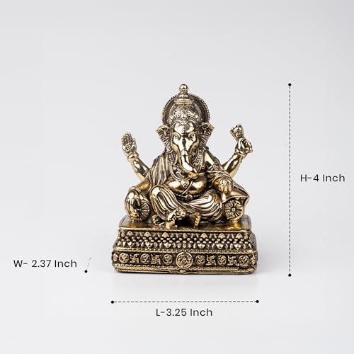 Image of Artarium Brass Chawki Ganesha Statue Car Dashboard (Height 4 inch), Small Ganpati ji Murti for Car Accessories, Home Decor, Office Gifting and Pooja Room (Golden Finish)