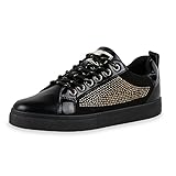  Giralin Damen Sneaker Low Flache Strass Schuhe Bequeme Freizeit Schnürer Lack Schnürschuhe Freizeitschuhe 201084 Schwarz Gold Metallic 36